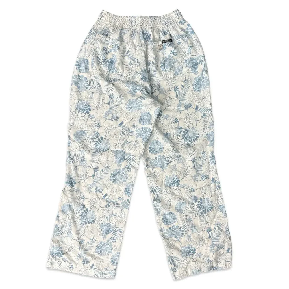 Beau Dawson Blue White Floral Linen Blend Wide Leg Tie Front Pants size L 10 12